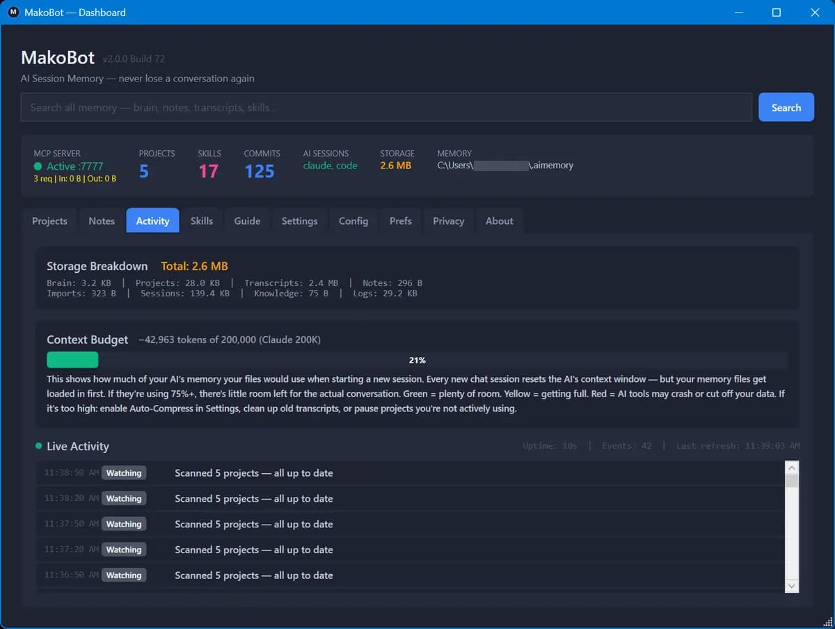 MakoBot dashboard — Activity tab showing live feed, context budget, storage breakdown, and MCP server status