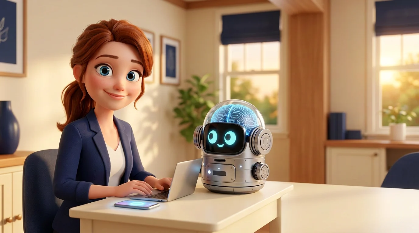 A smiling assistant at a home-office desk with MakoBot, a small silver robot with a glowing blue brain, sitting beside the laptop